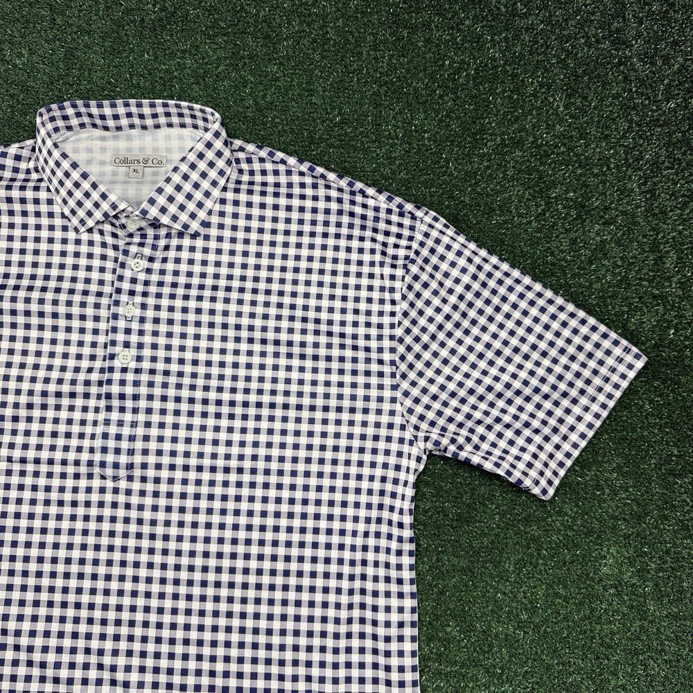Collars & Co. Men's Short Sleeve Polo Shirt Size XL Blue Plaid Stretch